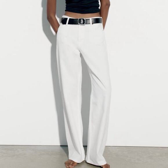 Zara Denim - NWT Zara Baggy Wide Leg Jeans Size 32 White Full Length Mid Rise Neutral Casual